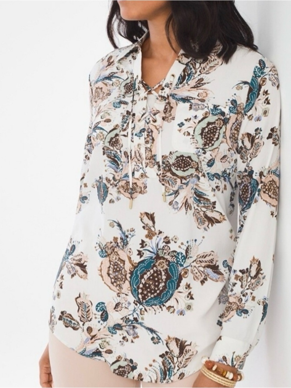 Chico's Paisley Print Tunic in White, Brown and Teal